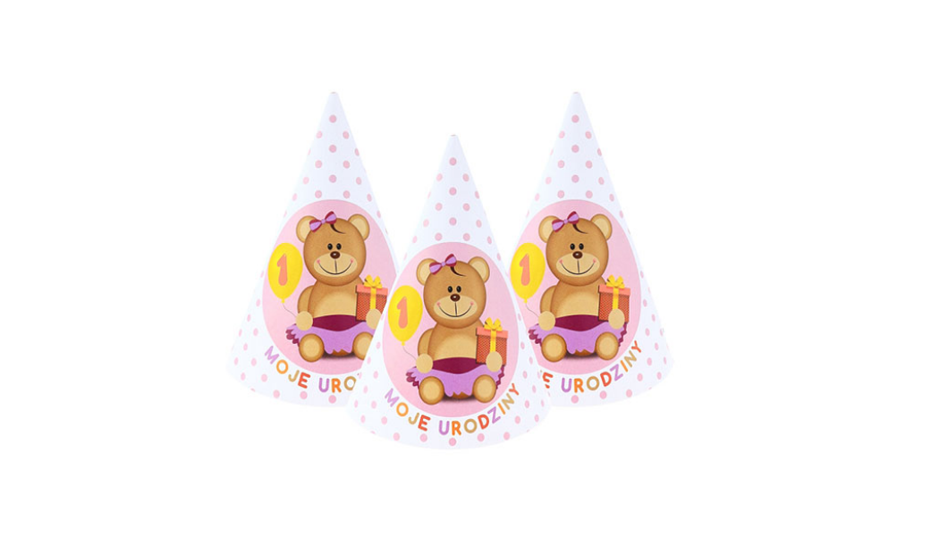 Czapki Urodzinowe na Roczek Różowe z Misiem