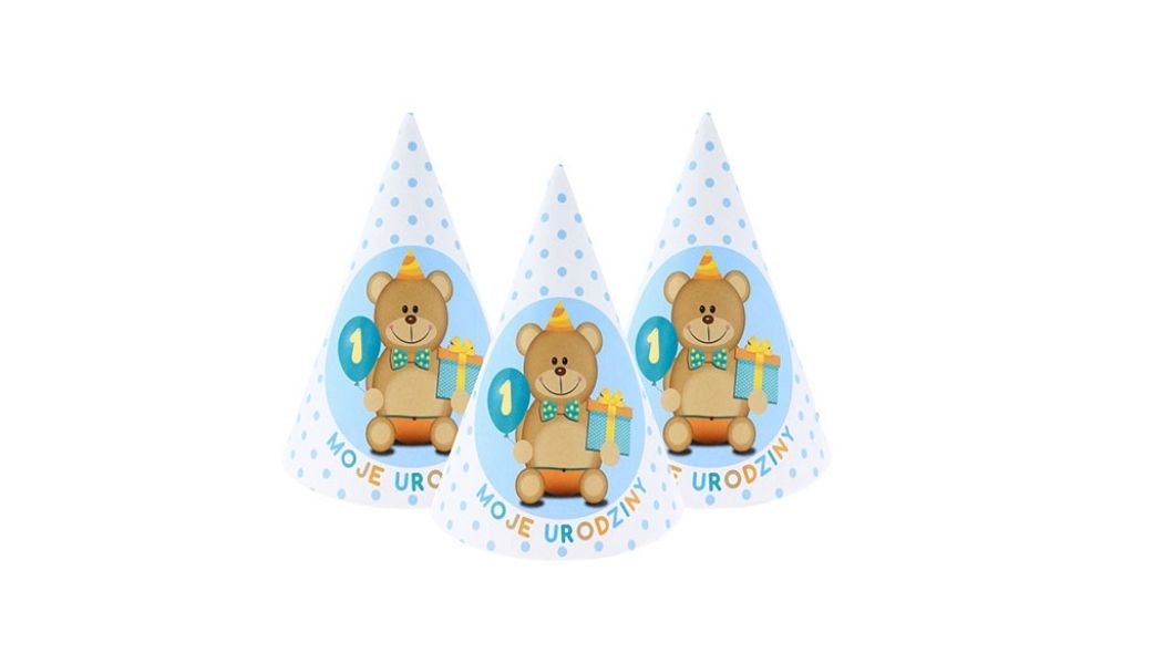 Czapki Urodzinowe na Roczek Niebieskie z Misiem